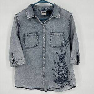 Harley-Davidson‎ Blue Denim Pearl Snap Western Button Up Shirt Womens Wings Logo